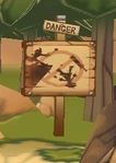 场景更新前的厄泰拉岛边缘上一个写有“DANGER”的牌子，上面有一张爱莎把艾索德推下悬崖的图片。