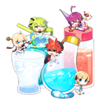 Promotional artwork for the Elsword Cafe featuring select characters wearing their ELS Beach Wear sets.