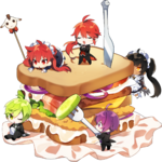 Official promotional artwork for the Elsword Cafe, featuring various characters in their April Fool's Maid and Butler sets.